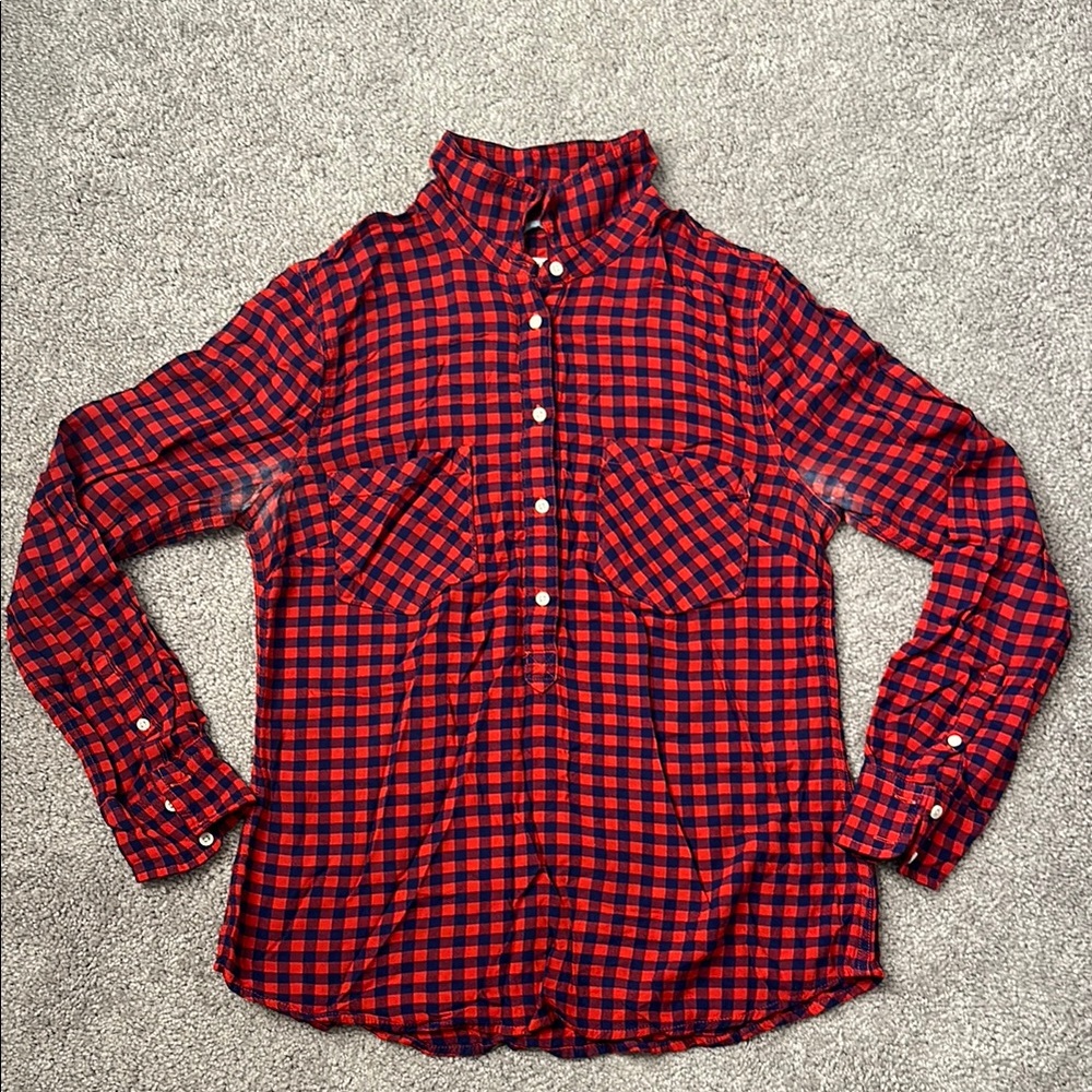 Red and Navy Blue Plaid Button-Up Women’s Shirt